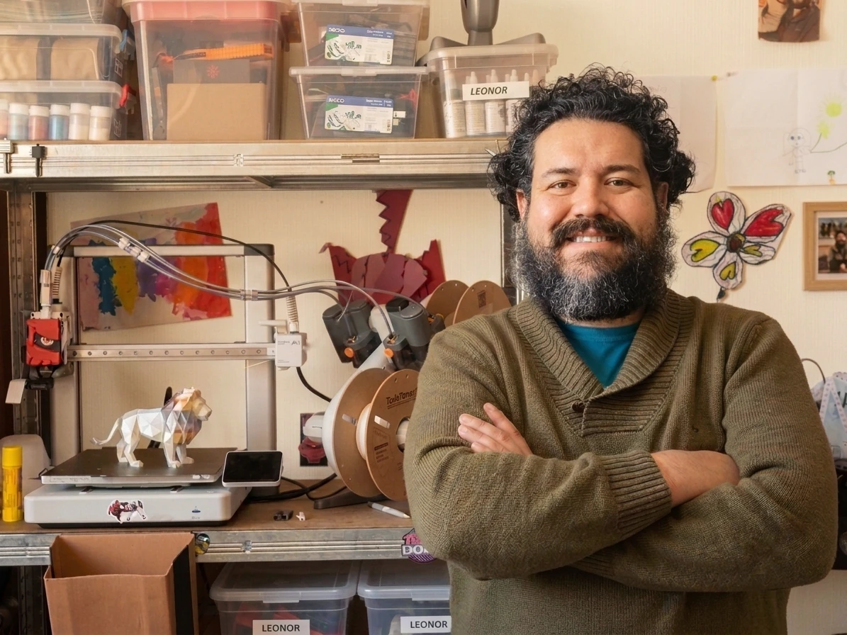 Roberto Miranda en el taller, junto a una impresora 3D en producción